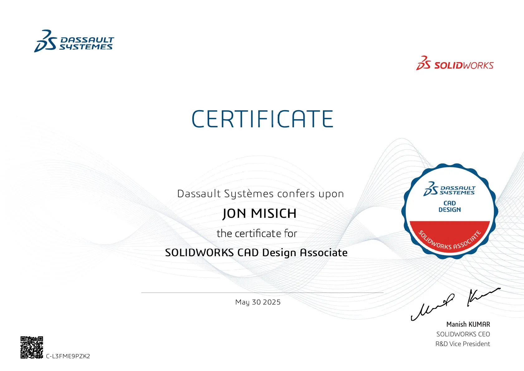 Jon Misich's SolidWorks CSWA Certification